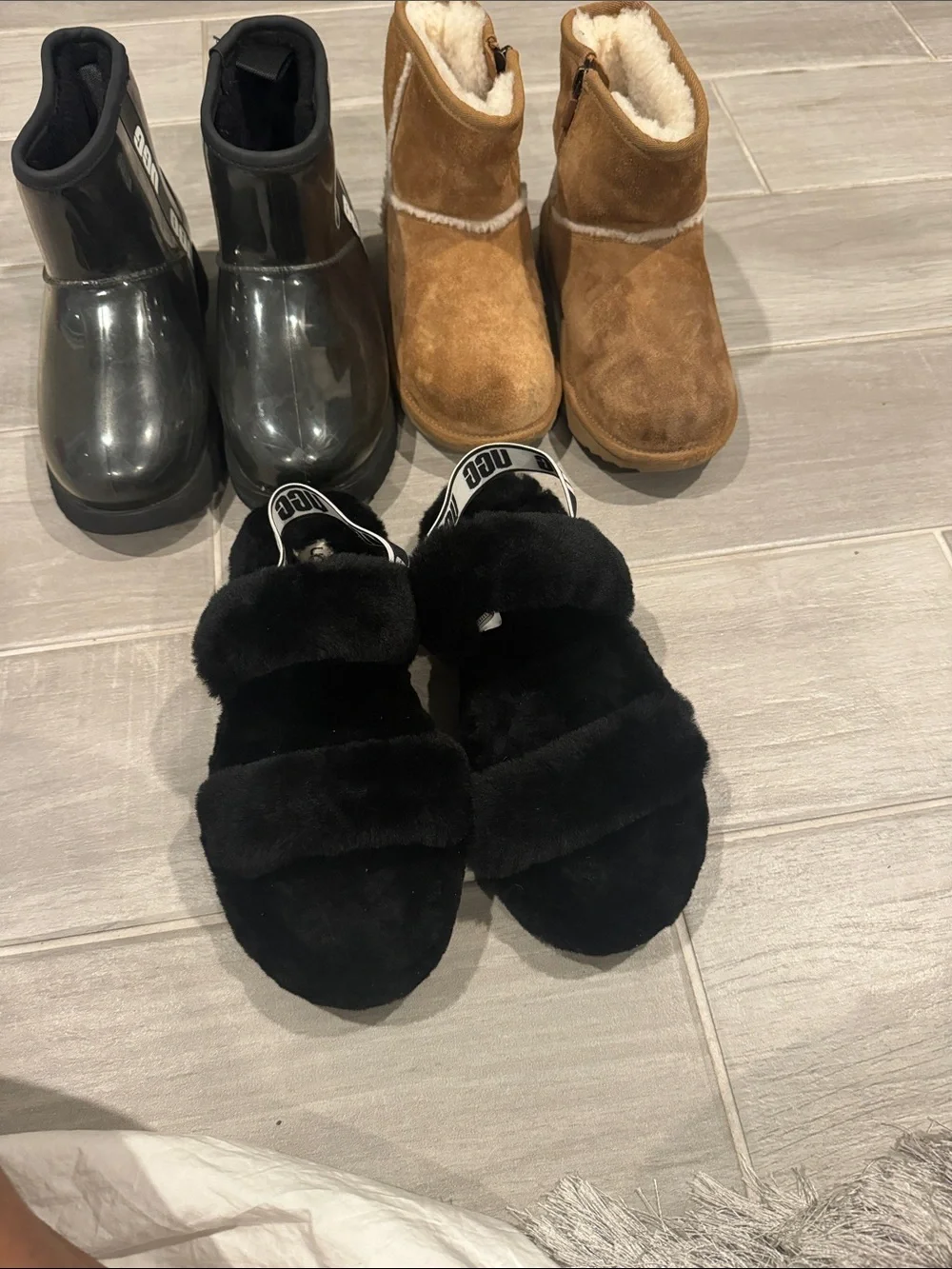 UGG Kids Black Faux Fur Slide Sandals